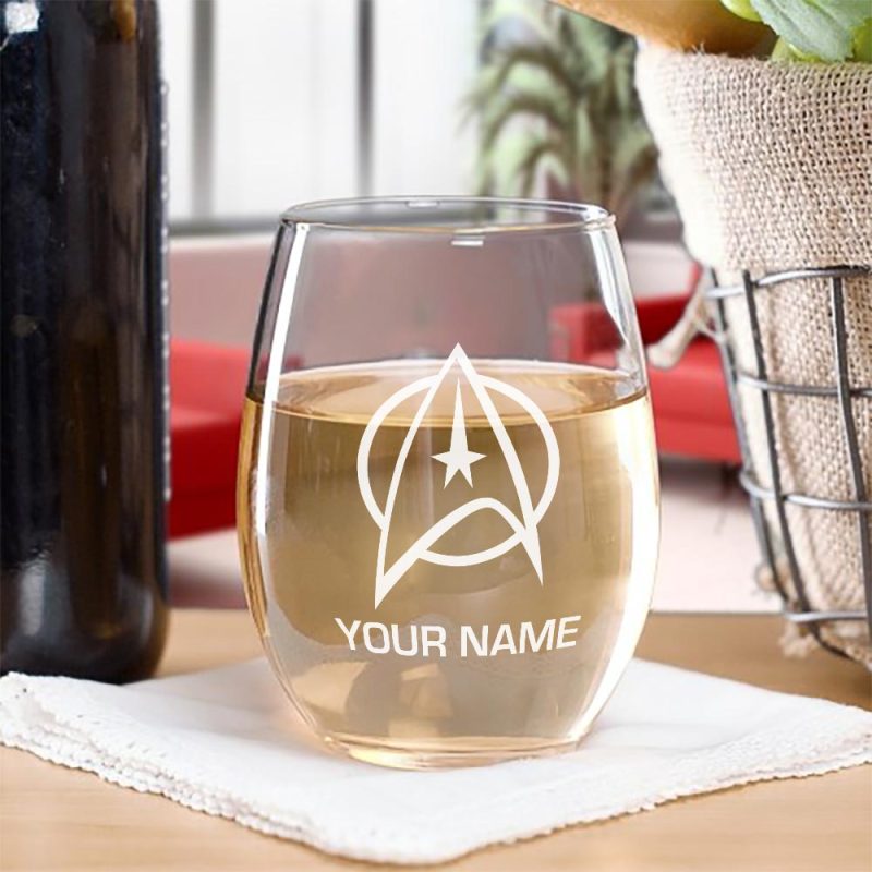 StarTrek TOS Delta Personalized Laser Engraved Stemless Wine Glass Mockup