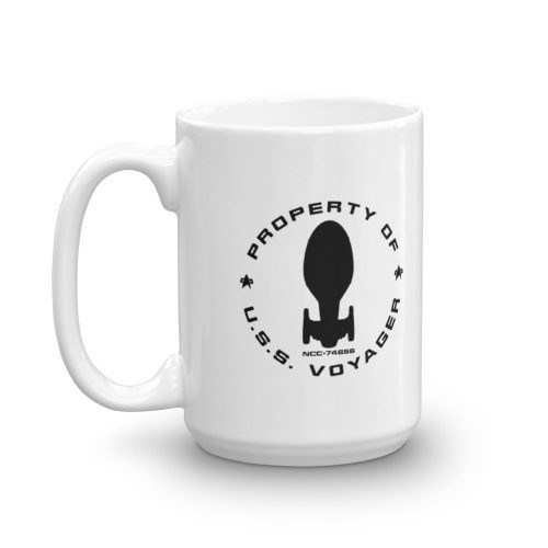 StarTrek Voyager PropertyOfUSSVoyager 15oz White Mug mockup Handle on Left 1